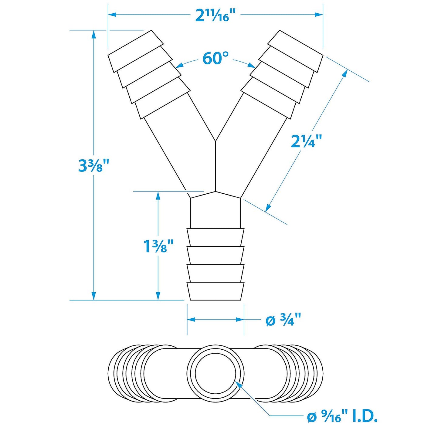Seachoice 3-Way Y Fitting, Fits 3/4 in. ID Hose, Black Plastic
