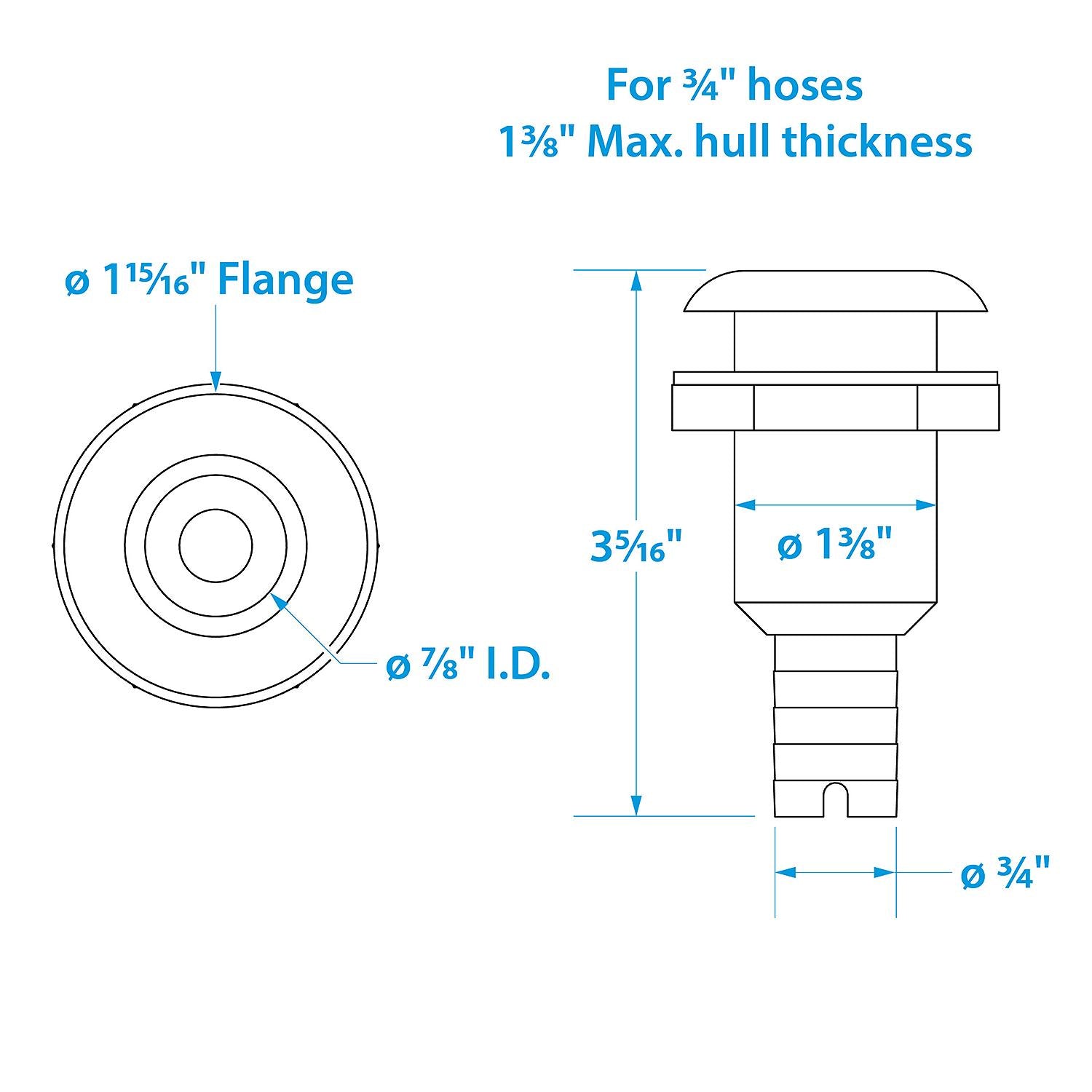 Seachoice Covered Thru-Hull Fitting w/ Stainless-Steel Flange, Fits 3/4 In. ID Hose