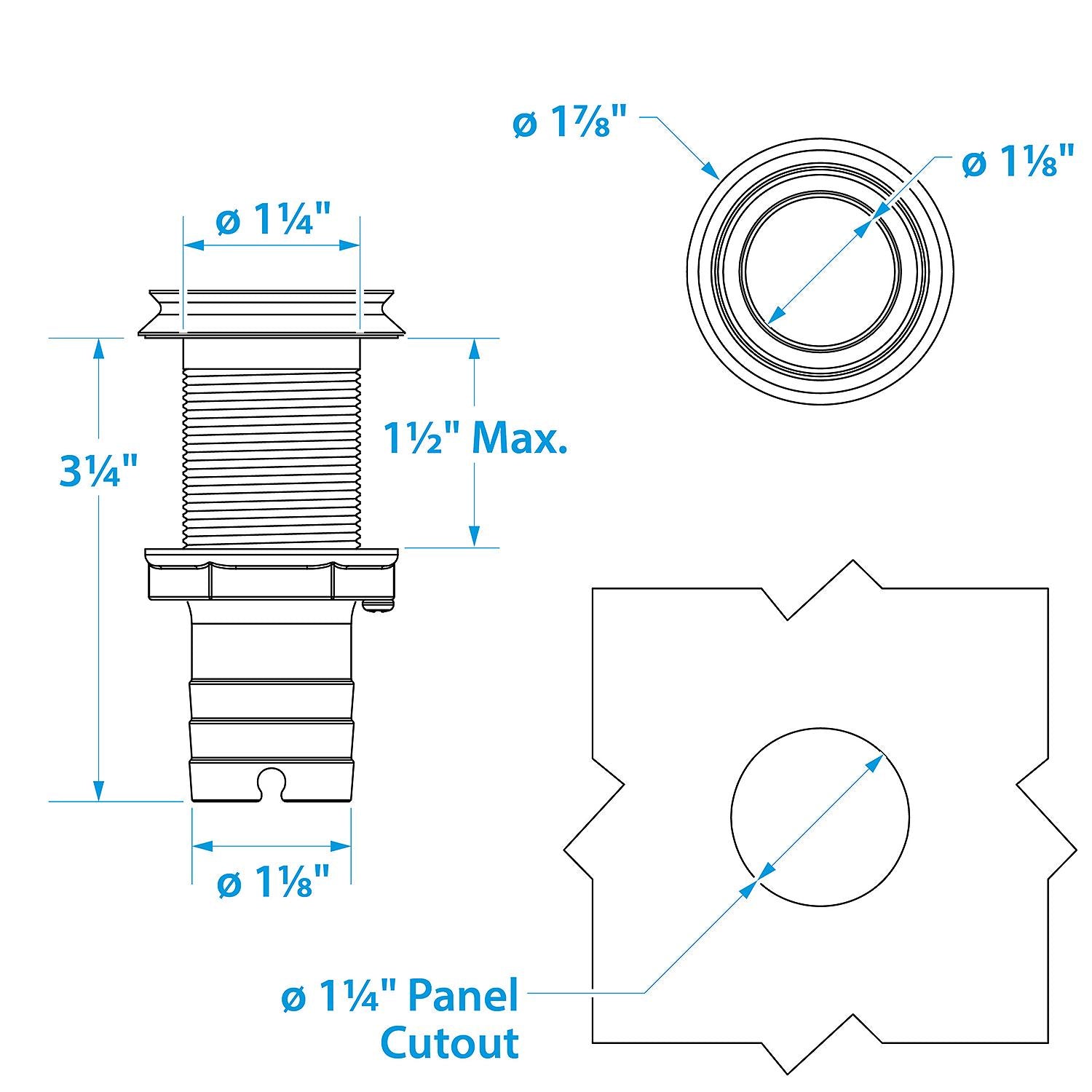 Seachoice Mega-Flow Dripless Thru Hull Fitting, 316 Stainless Steel, Fits 1-1/8 in. Hose, 1-1/2 in. Max. Hull