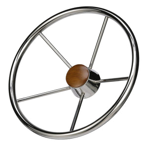 Seachoice 5 Spoke 15" Stainless Steel Destroyer Steering Wheel With Genuine Teak Cap