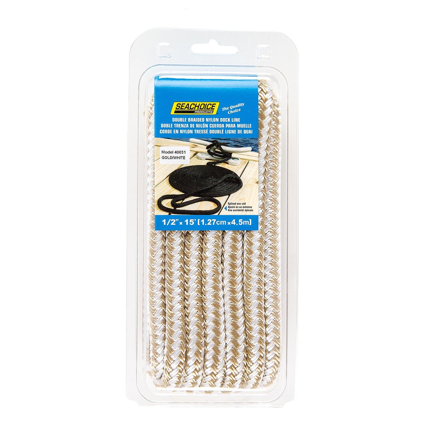 Double Braid Nylon Dock Line, Gold/ White, 1/2in x 15ft