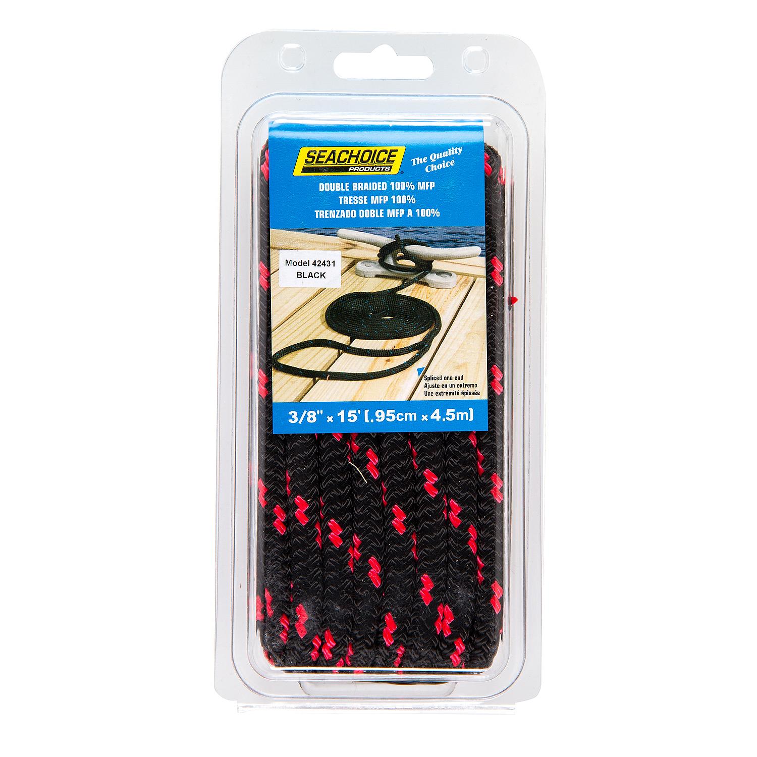 Seachoice 42431 Double Braided 100% MFP Dock Line 3/8" x 15' Black w/Red Tracer