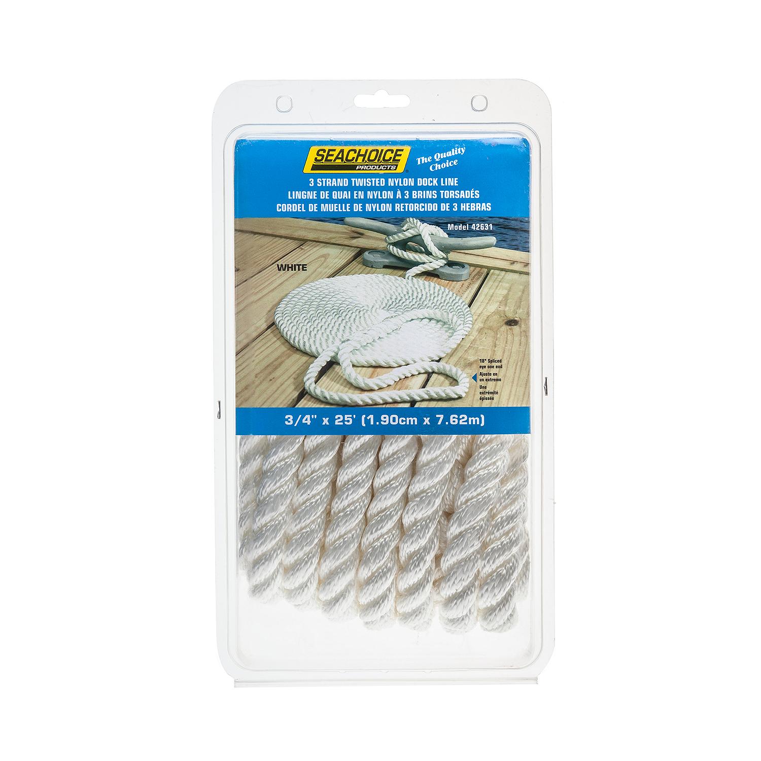Seachoice 3-Strand Twisted Nylon Dock Line, White, 3/4" x 25'