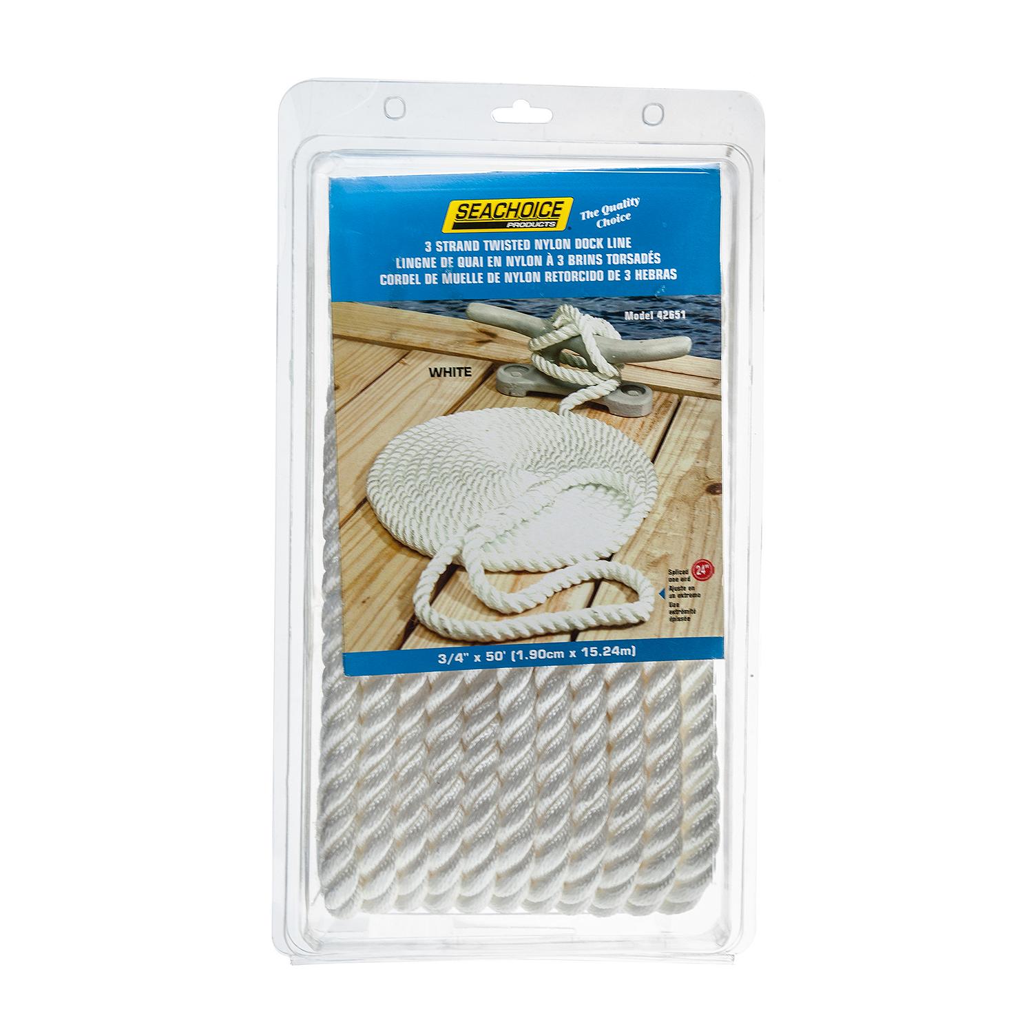 Seachoice 3-Strand Twisted Nylon Dock Line, White, 3/4" x 50'