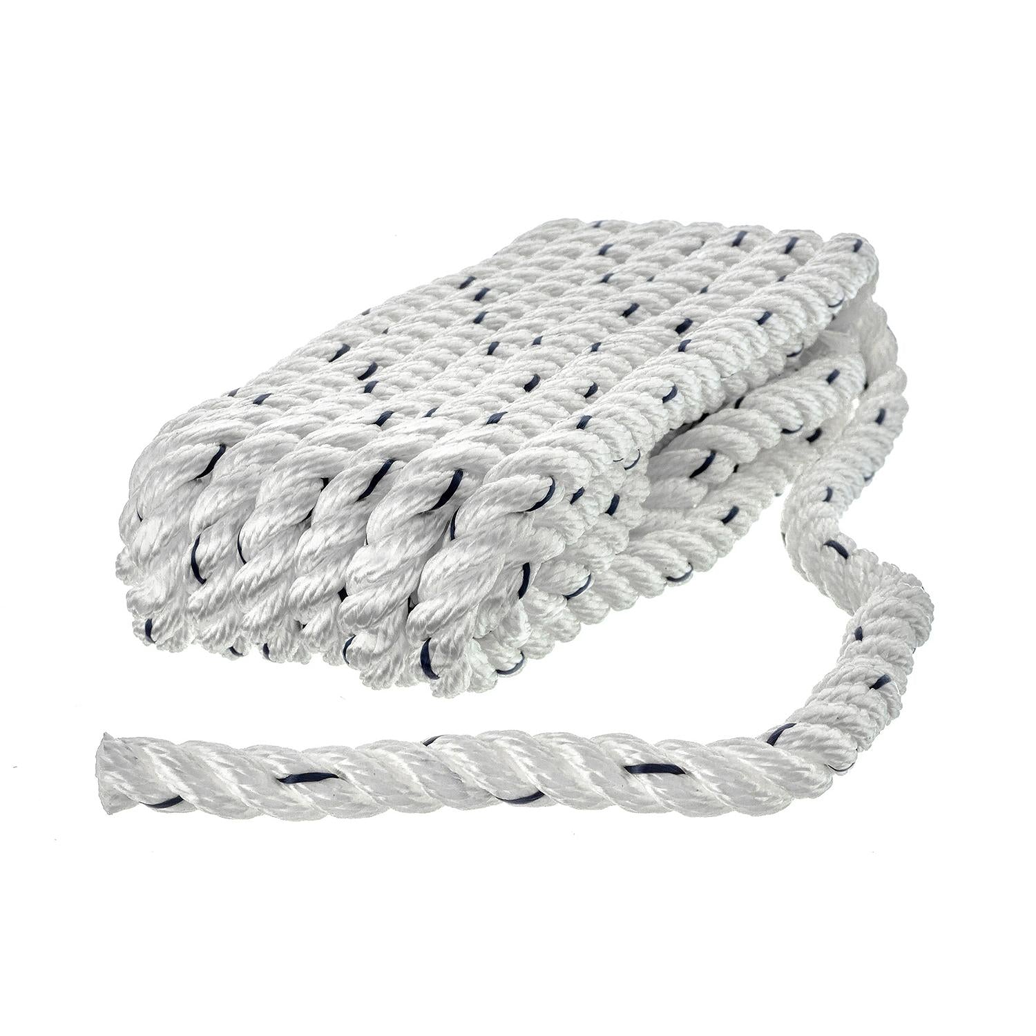 Seachoice Premium 3-Strand Twisted Nylon Dock Line, White With Blue Tracer, 3/8" x 15'