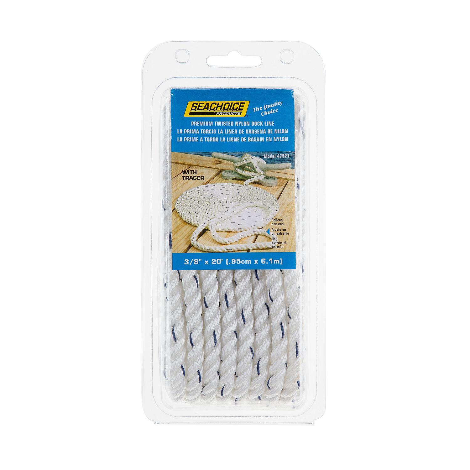 Seachoice Premium 3-Strand Twisted Nylon Dock Line, White With Blue Tracer, 3/8" x 20'