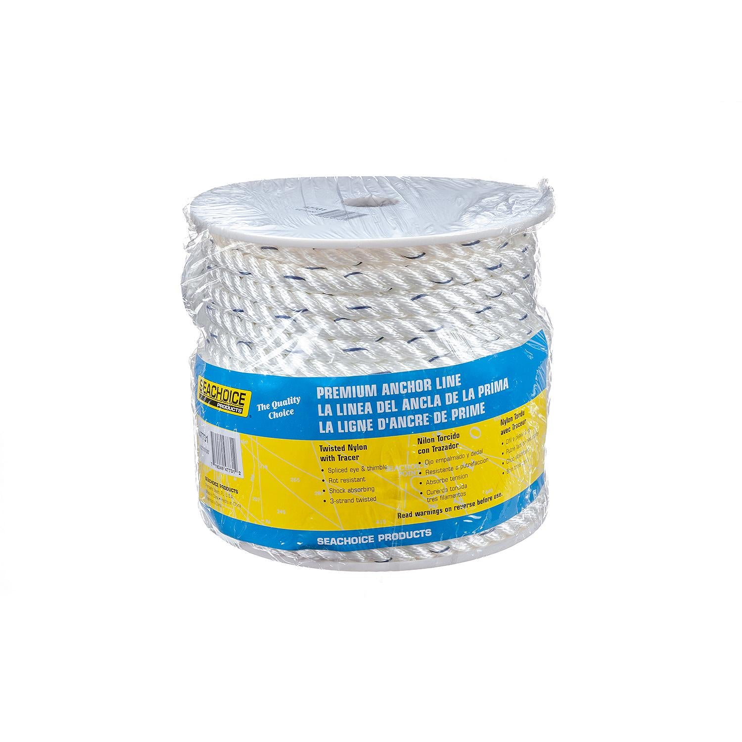 Premium 3-Strand Twisted Nylon Anchor Line
White With Blue Tracer, 1/2" x 100'